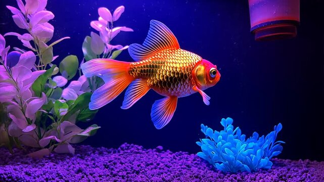 Red Cap Oranda Goldfish in Aquarium: A vibrant red cap oranda goldfish, with its distinctive flowing fins and head growth, gracefully swims in a beautifully decorated aquarium under a blue light.