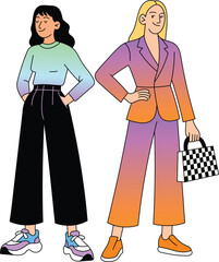 Vector illustration of two fashionable young women standing together in trendy modern outfits.