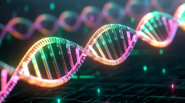 Dynamic neon dna helix with futuristic glow on digital grid background in motion