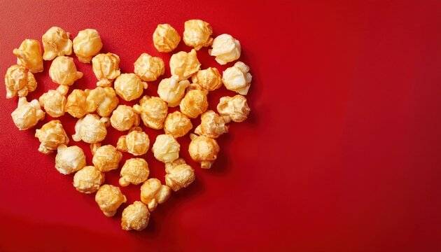 caramel popcorn heart shape on red background for valentine's day, food blog design, festive marketing, snack branding, or romantic print projects