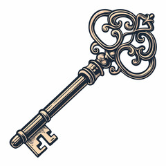 Create a vector illustration of a bold-stroke antique key featuring a prominent circular element ('o') within its design.  High detail, clean lines.