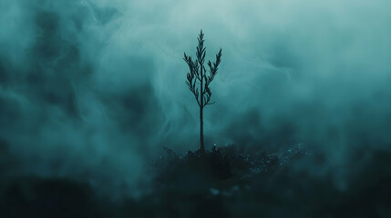 Lone botanical specimen stands amidst ethereal haze, evoking solitude