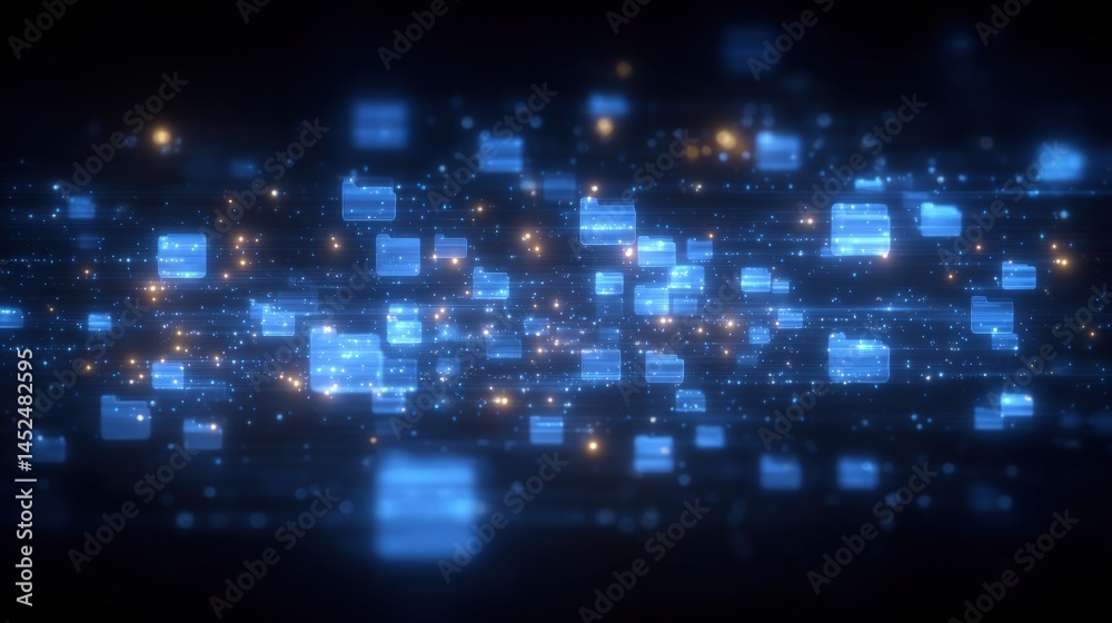 Poster abstract network grid with files and folders, futuristic software interface, digital document manage