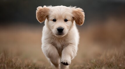 Golden Retriever puppy joyfully runs across a grassy field towards the viewer