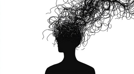 Illustration of a person with tangled thoughts above their head, white background