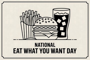 Celebrate National Eat What You Want Day Indulge in a juicy burger crispy fries and a refreshing soda Simple line art