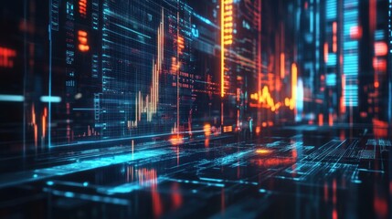 Obraz premium Futuristic digital interface with vibrant glowing data streams. Dynamic visual representation of complex data, charts, and code. Interactive display of information