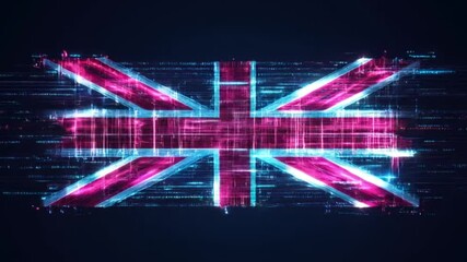 Glitching UK flag, digital art, dark background, tech concept - Powered by Adobe