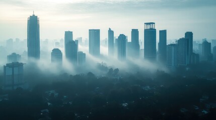 Fototapeta premium Misty cityscape at dawn. Dense fog envelops a sprawling metropolis of modern high-rises. Sunrise paints the sky in pale light