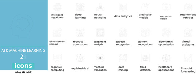 AI & machine learning line icons - neural networks, robotics, and data science vectors for tech dashboards and UI designs.