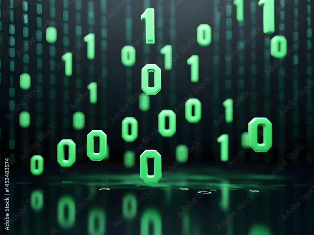 Poster green binary code falling on reflective surface