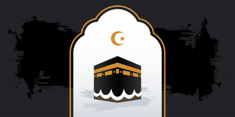 Minimalist Vector Illustration of Kaaba in Mecca with Modern Brush Background