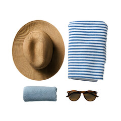 Beach Day Essentials: Straw hat, towel, washcloth, and sunglasses for sun and relaxation.
