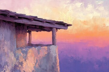Rustic structure atop a cliff at sunset.