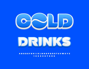 Vector Creative Advertisement Cold Drinks with Artistic Emblem. Stylish White and Blue Font. Decorative Alphabet Letters and Numbers set.