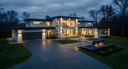 Spectacular Modern Home Exterior Illuminating at Dusk From Aerial View