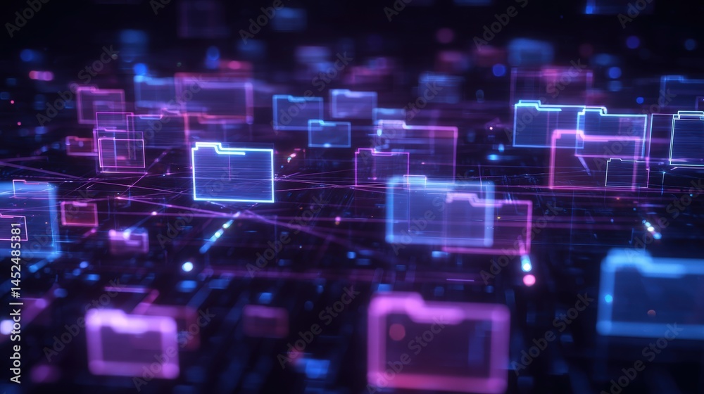 Poster abstract network grid with files and folders, futuristic software interface, digital document manage