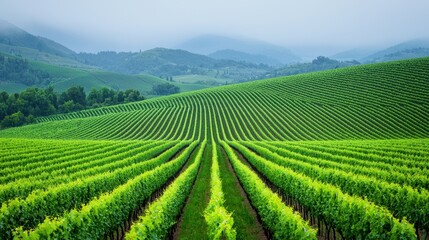 Lush Green Vineyard Landscape Under Overcast Sky in Rolling Hills