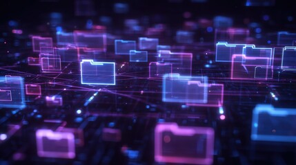 Abstract network grid with files and folders, futuristic software interface, digital document management system, store, search and organize documents, corporate business, paperless office,	