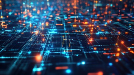Abstract network of glowing lines and points.  A complex digital circuitry, showcasing vibrant colors and intricate patterns