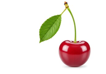 A single red cherry with a green leaf on a long stem isolated against a white background view close up