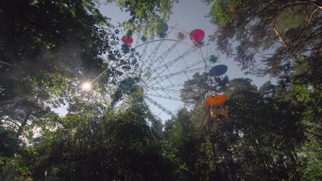 A Ferris wheel spins at a summer amusement park.