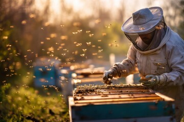 Inspects Bee Colonies for Honey Production in Protective Suit Amidst Flying Insects with Sunset Glow