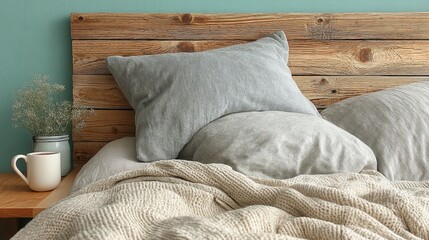 Cozy Rustic Bedroom with Knitted Throw and Wooden Headboard