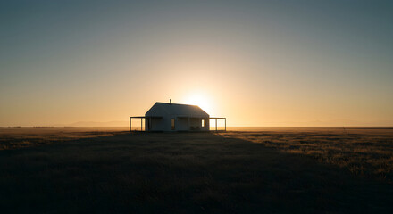 Fototapeta premium Secluded Homestead Bathed In Golden Sunrise Radiance And Vast Horizon