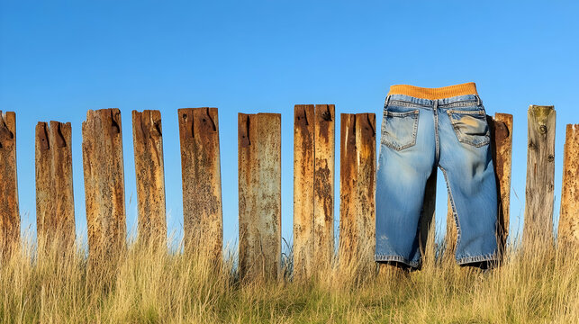 Rural Fence Scene with Washed Jeans Drying in Sunny Conditions on the Farm