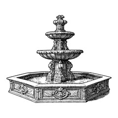 Fototapeta premium Ornate Stone Fountain with Intricate Carvings and Basins in Black and White Outline Line Art Drawing