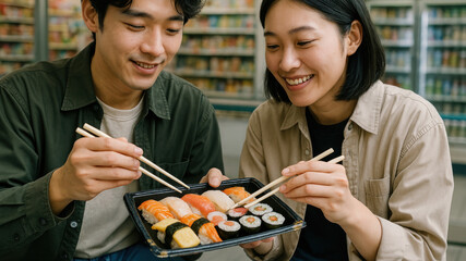 Couple enjoying sushi meal together