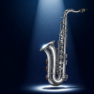 Un elegante saxof&oacute;n plateado que brilla bajo un foco