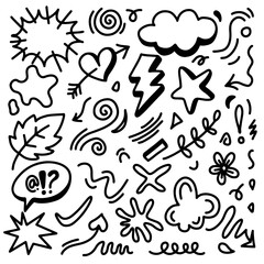 Hand drawn doodle design elements. flower, Arrow, heart, clouds, thunderbolt, star and other,