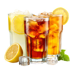 Refreshing beverages: iced tea and lemonade with lemon slice and ice on dark surface