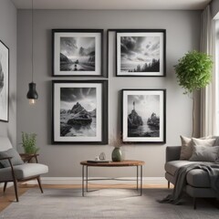 Fototapeta premium Bright modern living room, empty black photo frame gallery wall, geometric shapes, simple, black and white