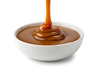 Caramel sauce pouring into a white bowl on a white background in a studio setting close up view