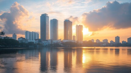 Fototapeta premium City skyline at sunrise over a lake