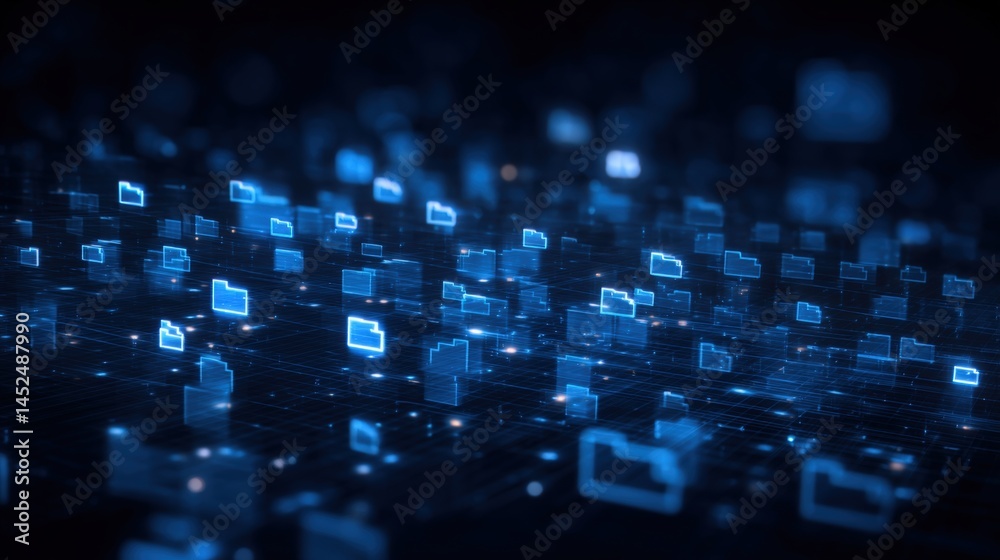 Poster abstract network grid with files and folders, futuristic software interface, digital document manage