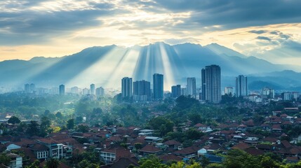 Urban landscape at dawn, sunbeams piercing through clouds over cityscape