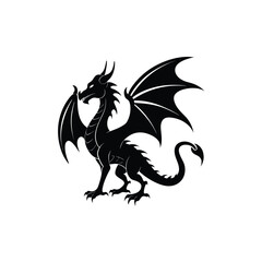 black and white dragon silhouette on white background.Silhouette flying dragon full body black color.