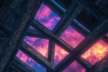 Wooden lattice roof, vibrant sunset hues above.