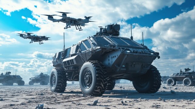 Futuristic military vehicles on a desert battlefield, with drones overhead
