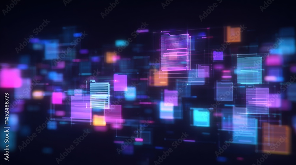 Poster abstract network grid with files and folders, futuristic software interface, digital document manage
