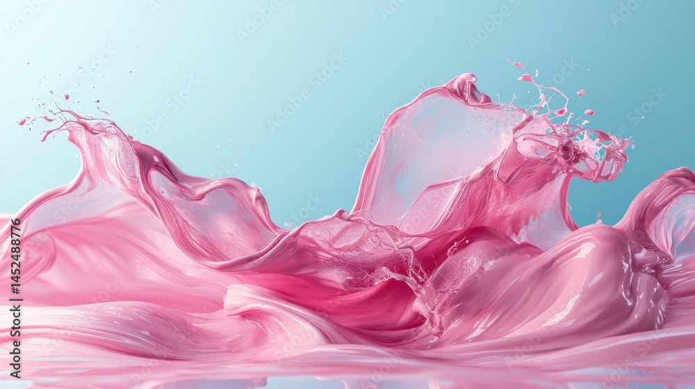 Poster a vibrant pink liquid splashes dynamically, forming abstract shapes and patterns against a tranquil 