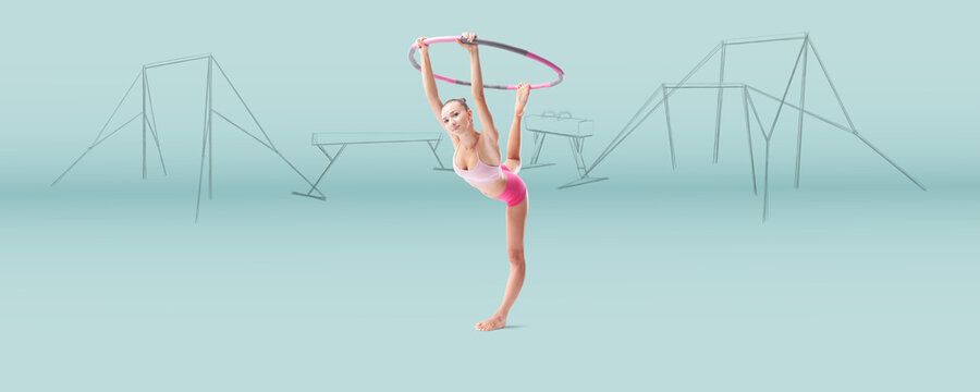 Young woman training in rhythmic gymnastics with a hoop, an artistic gymnast isolated against a background of artistic gymnastics equipment sketches. Sports workout, fitness, and well-being concept