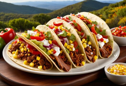 A plate of five takos and a bowl of salsa