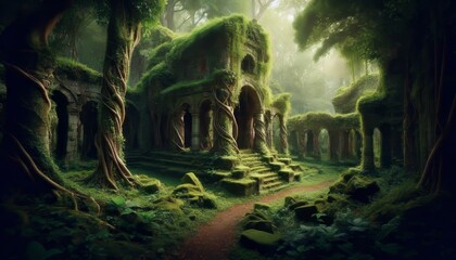 Vine covered Ruins &ndash; Ancient stone structures overtaken by flo