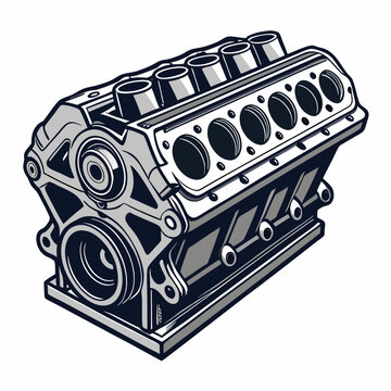 Create a bold, vector illustration of a detailed racing engine block, emphasizing strong lines and heavy stroke weights.  Focus on mechanical accuracy.