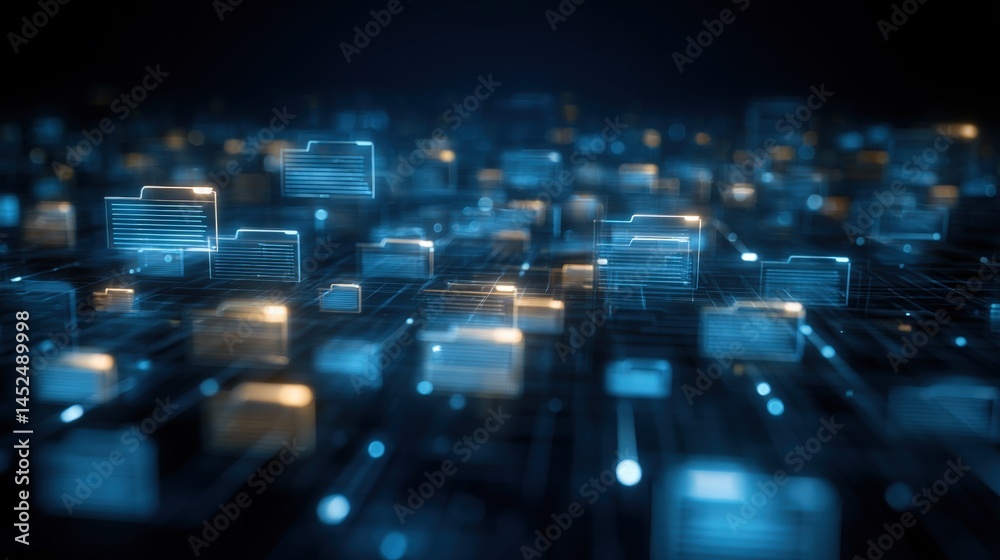 Poster abstract network grid with files and folders, futuristic software interface, digital document manage